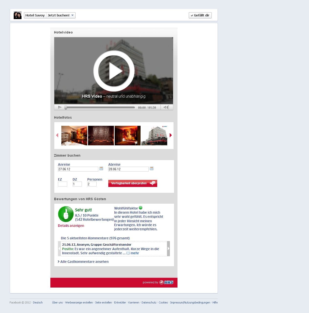 Kostenfreie Facebook-App für Hotels von hrs.de
