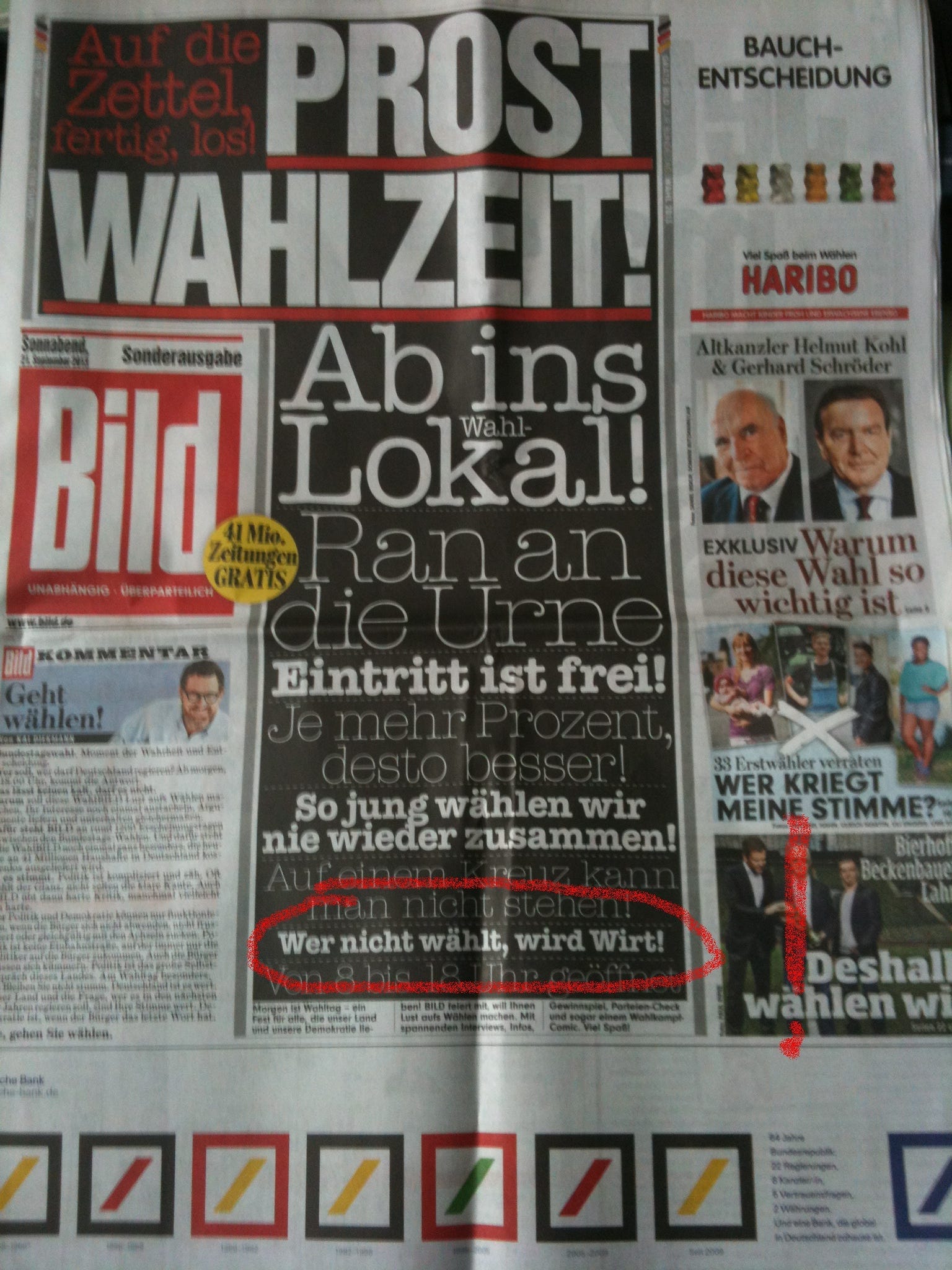 Freche "Bild"-Schlagzeile zur Bundestagswahl 2013: "Wer nicht wählt, wird Wirt!" - Da ist wohl eine Entschuldigung für einen ganzen Berufsstand fällig ...