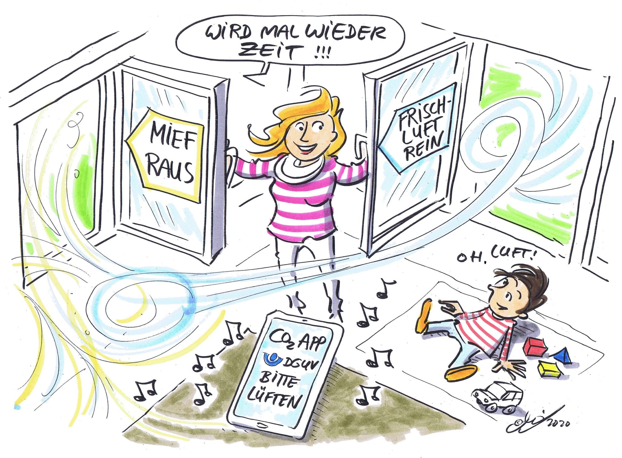 Richtig Lüften in der Kita (Zeichnung: Hüter/DGUV)